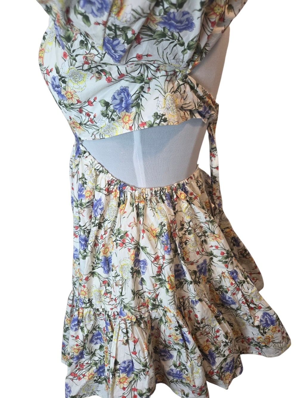 Harp & Finn Mable Floral Open Back Mini Dress W/Puff Sleeves & Ruffle Women's M - Picture 8 of 16